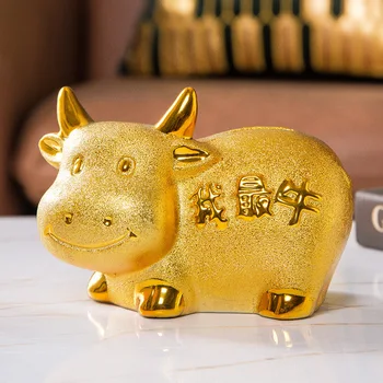 Aukso keramikos jautis metų talismanas monetų saugojimui jar sėkmės ir turtingas Piggy Bank Gimtadienio Dovana Pinigus, Piniginės Laimingas Darbalaukio dekoras