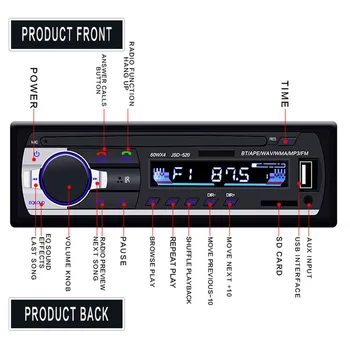 Automobilio Multimedijos Grotuvas JSD-520 1 Din Stereo Imtuvas, FM, Aux Įvestis SD USB 12V In-Dash Bluetooth, MP3, Radijas, Diktofonas TDA7388