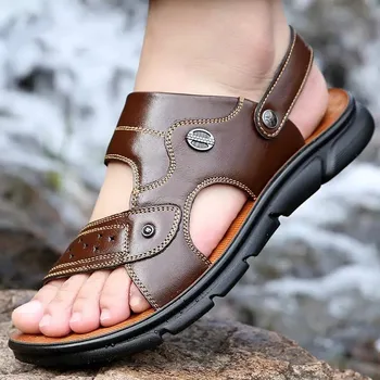 Avalynė lauko šlepetes vasaros sandalai vyrams batai metalo anti-slydimo oda 2021 platforma batai vyras sandalai kvėpuojantis vyrų batų