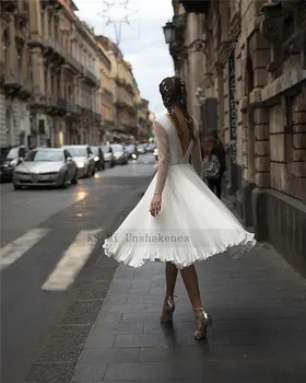 Balta Trumpa Vestuvinė Suknelė 2021 Vestido de Noiva Curto Pigūs Vestuvinės Suknelės Kelio Ilgis ilgomis Rankovėmis Vestuvių Suknelės Diržas Plisuotos