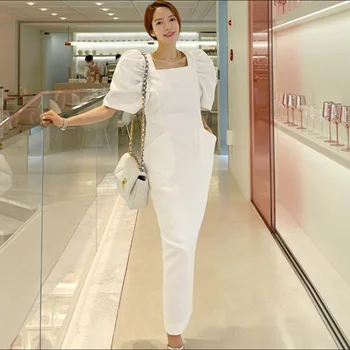 Baltas Biuro Lady Suknelė, 2021 M. Vasarą Kvadratinių Kaklo Sluoksniuotos Rankovėmis Paprasta prancūzų Stiliaus Ilgai Temperamentas Moterų Elegantiškas Šalis Suknelė