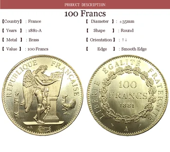 Barila.lt Prancūzijos Trečiosios Respublikos Francaise 1881 100 Frankų Liberte EGALITE FRATERNITE Aukso Monetas, Žalvario Metalo Kopijuoti Monetos