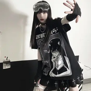 Black Devil Girl Marškinėlius Streetwear Negabaritinių Harajuku Mados Kietas Japonija Mielas Marškinėliai Moteriška Atsitiktinis Gothic Punk Juokinga Prarasti Viršūnės