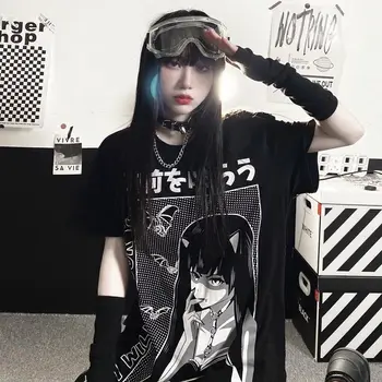 Black Devil Girl Marškinėlius Streetwear Negabaritinių Harajuku Mados Kietas Japonija Mielas Marškinėliai Moteriška Atsitiktinis Gothic Punk Juokinga Prarasti Viršūnės