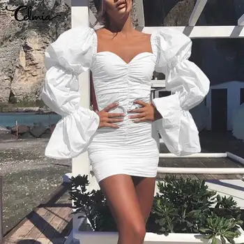 Celmia 2021 Mados Bodycon Mini Suknelė Moterims Vasaros Seksualus Aikštėje Apykaklės Plisuotos Sluoksniuotos Ilgomis Rankovėmis Sundress Elegantiškas Šalis Vestidos