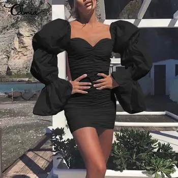 Celmia 2021 Mados Bodycon Mini Suknelė Moterims Vasaros Seksualus Aikštėje Apykaklės Plisuotos Sluoksniuotos Ilgomis Rankovėmis Sundress Elegantiškas Šalis Vestidos