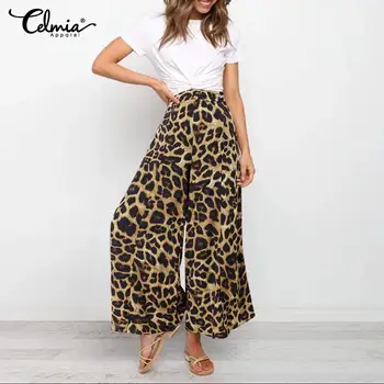 Celmia 2021 Pavasario Mados Streetwear Kelnės Moterims Atsitiktinis Kišenės Leopardas Spausdinti Pločio Kojų Kelnės Elastinga Aukštos Juosmens Pantalon