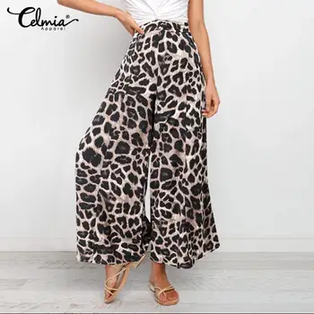 Celmia 2021 Pavasario Mados Streetwear Kelnės Moterims Atsitiktinis Kišenės Leopardas Spausdinti Pločio Kojų Kelnės Elastinga Aukštos Juosmens Pantalon