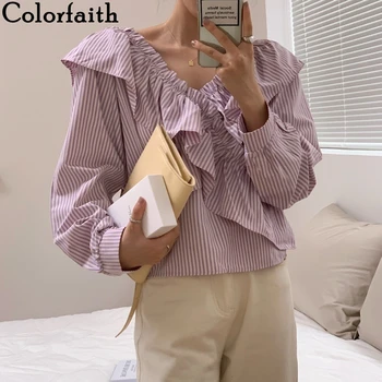 Colorfaith Naujas 2021 Moterys Pavasarį, Vasarą, Palaidinės, Marškinėliai Derliaus Elegantiškas Negabaritinių Dryžuotas Raukiniai Kryžiaus Lady Trumpas Viršūnes BL5781