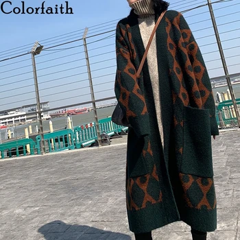 Colorfaith Naujų 2020 m. Rudens Žiemos Moterų Megztinis korėjos Didelių Kišenių Madingi Negabaritinių Kontrastingos Ilgi susagstomi megztiniai SWC8379JX
