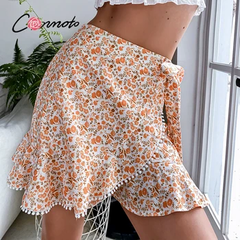 Conmoto Atostogų oranžinės spalvos gėlių spausdinti saldus wrap sijonai vasaros Mados susiėmę-line mini sijonas moterims Atsitiktinis lady apačioje naujas 2021