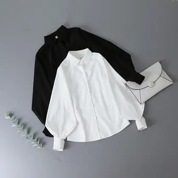 Deeptown Žibintų Rankovėmis Palaidinė Moterims, Elegantiškas 2021 Korėjos Stiliaus Pavasario Ponios Išjunk Pritvirtinti Ilgomis Rankovėmis Marškinėliai Baltas Juodas