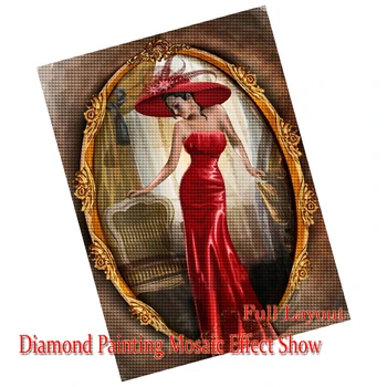 Diamond Mozaika, Siuvinėjimas Kryželiu Europos Moteris Raudona Suknelė Retro Meno 5D Diamond Tapybos kvadratiniu Gręžimo Rankų darbo Dovana