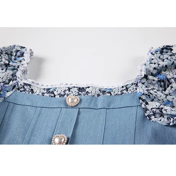 Džinsinio audinio Mini Suknelė Moterims Vasaros Gėlių Sluoksniuotos Rankovėmis Suknelės Kratinys Saldus 2021 Mados Mygtuką Šalis Elegantiška Mėlynos spalvos Marškinėliai Suknelė