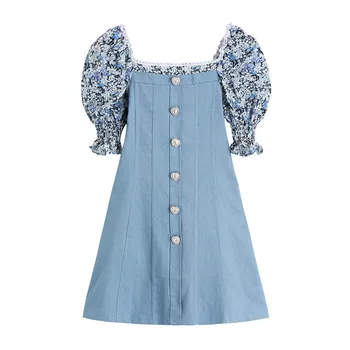 Džinsinio audinio Mini Suknelė Moterims Vasaros Gėlių Sluoksniuotos Rankovėmis Suknelės Kratinys Saldus 2021 Mados Mygtuką Šalis Elegantiška Mėlynos spalvos Marškinėliai Suknelė