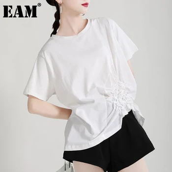 [EAM] Moterys, Balta Didelis Dydis Nesimetriškas Plisuotos T-shirt Naujas Apvalios Kaklo trumpomis Rankovėmis Mados Banga Pavasario Vasaros 2021 1DD6661