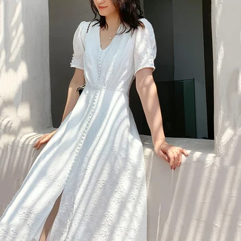 [EAM] Moterys, Baltos spalvos Elegantiškas Nereguliarus Ilga Suknelė Nauja V-Kaklo, Trumpas Sluoksniuotos Rankovėmis Palaidi Tinka Mados Banga Pavasario Vasaros 2021 1W513