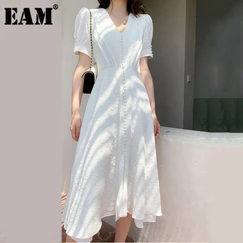 [EAM] Moterys, Baltos spalvos Elegantiškas Nereguliarus Ilga Suknelė Nauja V-Kaklo, Trumpas Sluoksniuotos Rankovėmis Palaidi Tinka Mados Banga Pavasario Vasaros 2021 1W513