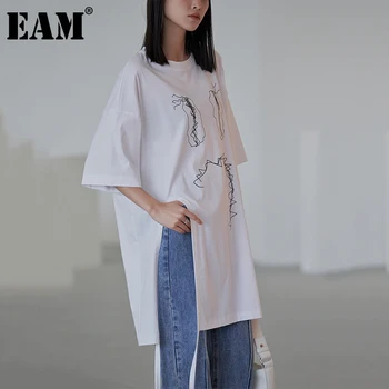 [EAM] Moterų Pusėje Ritininės Modelis Atspausdintas Didelis Dydis, T-shirt Naujas Apvalios Kaklo Pusė Rankovės Mados Banga Pavasario Vasaros 2021 1DD8760