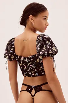 Elegantiškas moteriškos palaidinės ir marškinėliai, mados nėriniai apdailos gėlių spausdinti pasėlių viršų seksualus giliai v-kaklo trumpomis rankovėmis šifono viršūnės