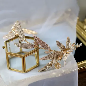 Elegantiškas nuotaka crystal Hairband auskarai Aukso Šviesą Palieka Galvos gabalas Prabangių Vestuvių plaukų Aksesuarai
