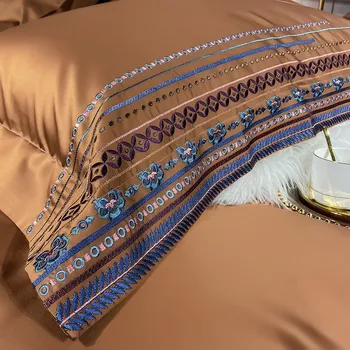Elegantiškos Derliaus Siuvinėjimo Egipto Medvilnės Patalynės komplektas Golden Pilkas Klasikinis Antklode Padengti paklode komplektas Užvalkalas Karalienė King size