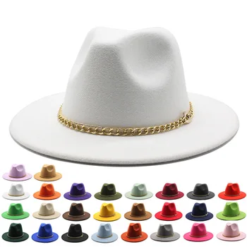 Fedora skrybėlės juoda chaki Platus Kraštų Vyrai Moterys skrybėlę Džiazo kepurės Bažnyčios veltiniai grandinės diržo kaubojus Derliaus prabanga žiemos moterų skrybėlės