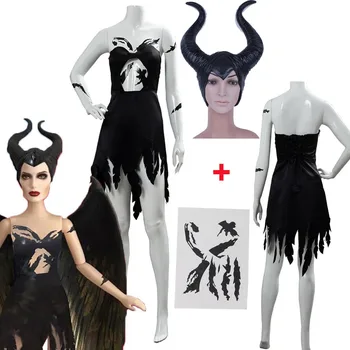 Filmo Maleficent Cosplay Kostiumų Sugadintas Suknelė Moterų, vyrų apranga Helovinas Karnavaliniai Kostiumai Maleficent Raganavimas Suknelė Ragai