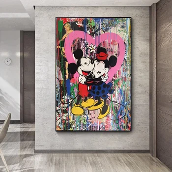 Gatvės Grafiti Meno Disney Mickey ir Minnie Drobės Tapybos Plakatai ir Spausdina Sienos Meno Nuotrauką Kambarį Namų Dekoro