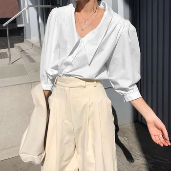 GCAROL Vasarą Moterys Balti Marškiniai Trys Ketvirtį Sluoksniuotos Rankovėmis 35% Medvilnės prancūzų Stiliaus Elegantiškas Prarasti Negabaritinių Viršų