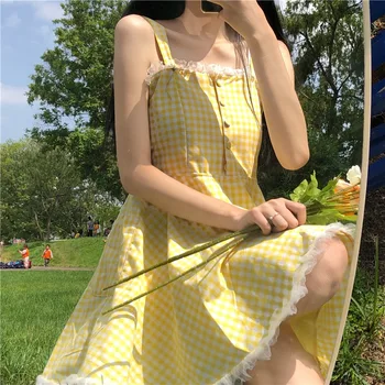 Geltonos spalvos Pledas Slydimo Suknelė Atostogų Nėrinių Akies Krašto Dizaino Prasme - line Saldūs Vasaros Suknelė Vaikams kawaii suknelė kawaii suknelė