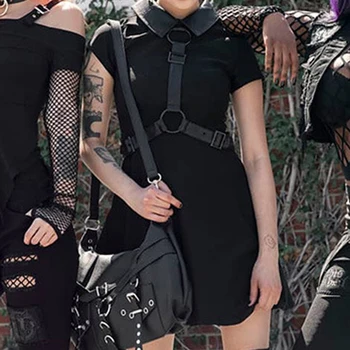 Goth Tamsiai Grunge Mall Gotikos Estetika Bodycon Mini Suknelės Moterims, Juoda Punk Emo Pavasario Dress Alt Drabužius Clubwear 2021With Diržas