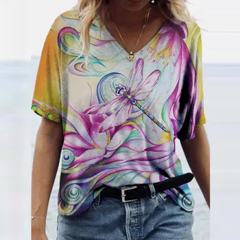 Grafinis Tee Marškinėliai Drabužių Plius Dydis 5XL Vasarą Naujas Mados Moterų V-kaklo Gėlių Spausdinti Trumpas Rankovės Atsitiktinis Palaidų T-shirt Y2k Viršų