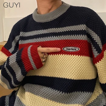 GUYI Japonija Stiliaus Dryžuotas Laisvi Megztiniai Puloveriai Vyrų Rudens-Žiemos Retro Atsitiktinis Vyras Tingus Jaunimas Megztinis, Vintage Viršų