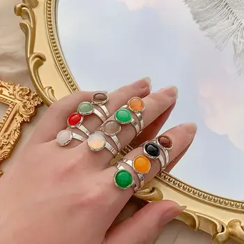 Gydymo Žiedas Retro Mados Gamtos Opal Malachito Apvalus Akmuo Žiedas Nustatyti Du Akmeniniai Atidarykite Energijos Žiedai Moterims Kolonėlė