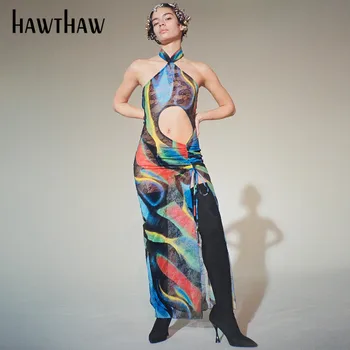 Hawthaw Moterys Vasarą Apynasrio Tuščiaviduriai Iš Akių Matyti, Spausdintos Rankovių Backless Ilga Suknelė 2021 Moterų Drabužių Streetwear