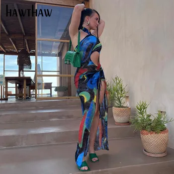 Hawthaw Moterys Vasarą Apynasrio Tuščiaviduriai Iš Akių Matyti, Spausdintos Rankovių Backless Ilga Suknelė 2021 Moterų Drabužių Streetwear