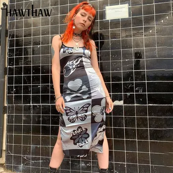 Hawthaw Moterų Mados Rankovių Bodycon Spausdinti Vasaros Slim Pieštuku Padalinta Suknelė Sundress 2021 Moterų Drabužių Streetwear
