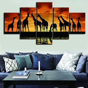 HD Spausdinti Tapybos Ant Drobės Plakato meno Kūriniai 5 Skydelis Siluetas Afrikos Dramblį Į Saulėlydžio Modernių Namų Sienos Menas(be Rėmelio)