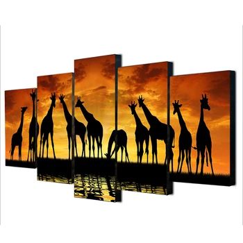 HD Spausdinti Tapybos Ant Drobės Plakato meno Kūriniai 5 Skydelis Siluetas Afrikos Dramblį Į Saulėlydžio Modernių Namų Sienos Menas(be Rėmelio)