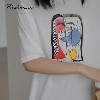 Hirsionsan Abstrakčios Grafikos Moterų Tees 2021 Naujas Minkštas Medvilnės Atsitiktinis Spausdinimo T Shirts Harajuku Vasaros Baltos Vatos Pagaliukai