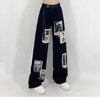 HOUZHOU Grunge Punk Kratinys Black Džinsai Moterims, Hip-Hop Streetwear Spausdinti Negabaritinių Pločio Kojų Kelnės 90-ųjų Vintage Mados Kelnės