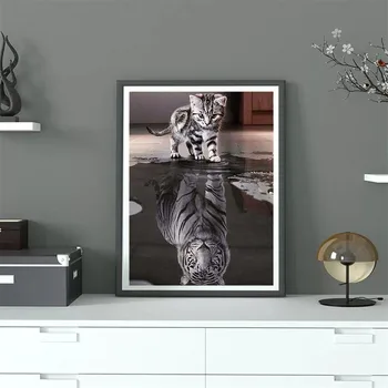 HUACAN Diamond Tapybos Katė, Tigras Diamond Siuvinėjimo Atspindys Mozaikos kvadratiniu/Apvalios Sienos Meno Home Art
