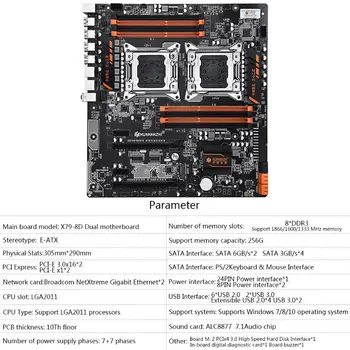 Huananzhi X79-8D Plokštė Intel Dual CPU LGA 2011 E5 2689 2670 V2 DDR3 1333/1600/1866MHz 256 GB M. 2 NVME SATA3 USB3.0 E-ATX