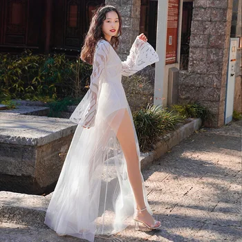 Ilgomis Rankovėmis Maxi Balta Suknelė Moterims Madingas, Elegantiškas Pasakų Tinklelio Nėriniai Susiuvimo Padalinta 2021 M. Vasaros Tendencijos Šalies Ponios Drabužiai