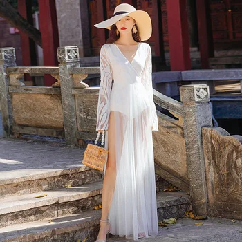 Ilgomis Rankovėmis Maxi Balta Suknelė Moterims Madingas, Elegantiškas Pasakų Tinklelio Nėriniai Susiuvimo Padalinta 2021 M. Vasaros Tendencijos Šalies Ponios Drabužiai
