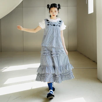 Imakokoni originalaus dizaino dryžuotas polka dot nėrinių pusė sijonas Japonijos laukinių plonas vidutinio ilgio sijonas moterų pavasarį ir vasarą