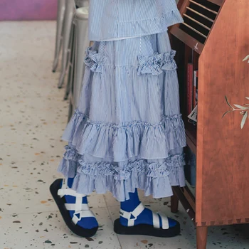 Imakokoni originalaus dizaino dryžuotas polka dot nėrinių pusė sijonas Japonijos laukinių plonas vidutinio ilgio sijonas moterų pavasarį ir vasarą