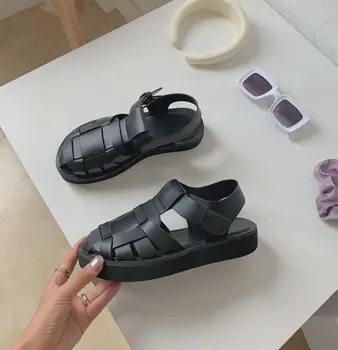 IPPEUM 2021 Zapatos planos de tela Retro romano para mujer, Sandalias planas de Punta abierta transparentes de diseño, zapatos d