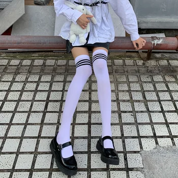 Japonijos Aksomo Ilgai Kojinės Virš Kelio Dryžuotos Kojinės Kojinės Moteris Studentų Jk Vienodas Kelio Kojinės Plonos Baltos Spalvos Vasarinis Plonas